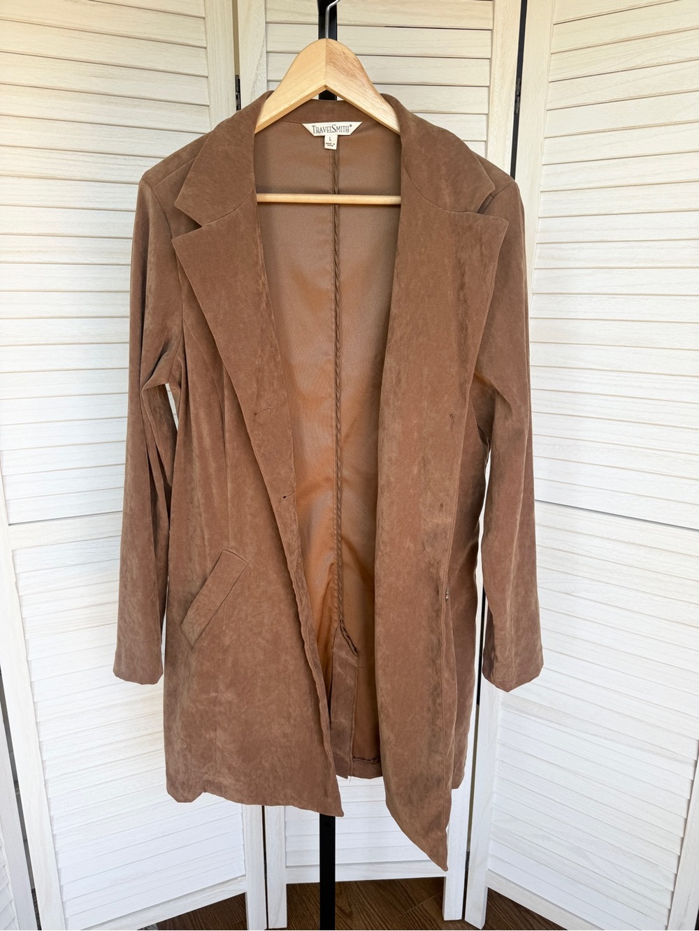TravelSmith Faux Suede Open-Front Long Jacket in Camel Brown Size Large